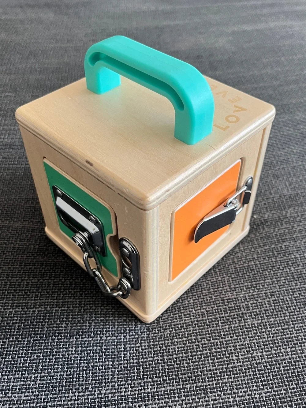Lovevery Wooden Activity Lock Box with Teal Handle
